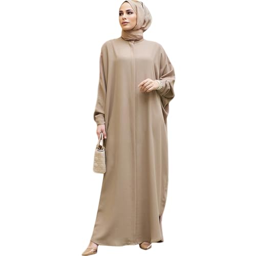 ODIZLI Women's Ramadan Abaya Muslim Batwing Sleeve Shirt Prayer Dress Kaftan Dubai Islamic Loose Maxi Dress - color: Khaki