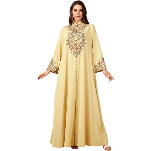 Muslim Abaya Dress for Women Dubai Robe Floral Embroidery Moroccan Kaftan Ramadan Middle East Prayer Islamic Clothing - color: Yellow, size: XX-Large