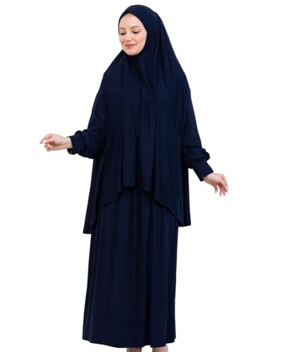 Prien Soft Prayer Dress For Women, Muslim Abaya Hijab Set, Long Turkish Cotton Praying Outfit, Islamic Clothes For Ramadan - color: Navy Blue