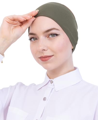 Prien Women Cotton Hijab Cap, Stretchy Head Cover, Pre-Sewn Inner Muslim Scarf Undercap, Non Slip Headband for Daily Wear - color: Khaki