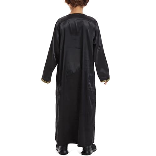 Boys Muslim Clothing Kids Prayer Outfits Long Sleeve Eid Dresses Embroidered Thobe Solid Color Crewneck Arabic Abaya - color: Black, size: 5-6X