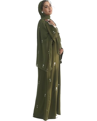 Floral Embroidered Abaya for Women Modest Muslim Open Front Robe with Scalloped Bell Sleeves Islamic Cardigan with Hijab - color: Army Green, size: Small