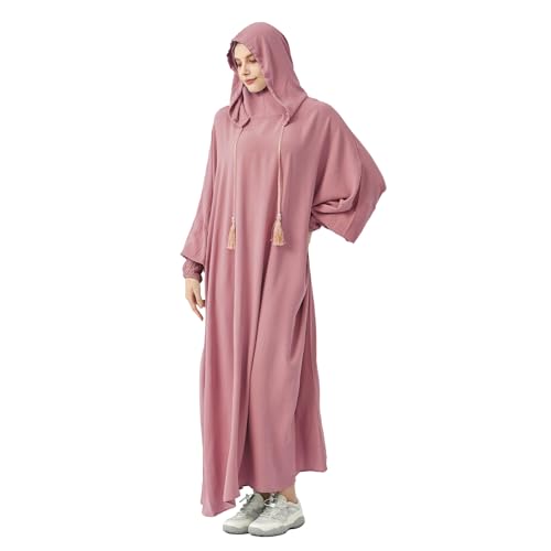 Abaya Muslim Dress Women Prayer Dress Long Sleeve Hooded Loose Maxi Dress Arabian Dubai Islamic Clothes - color: Pink