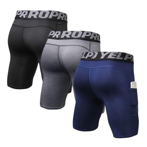 LANBAOSI Mens Compression Shorts with Phone Pocket Running Gym Yoga Athletic Tights Baselayer Summer Cool Dry Underwear Pack - color: Black+grey+navy, size: X-Large
