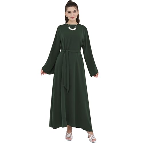Abaya Dress for Muslim Women Light Smooth Back Zipper Prayer Robe Multiple Colors Flowing Maxi Abaya Dress with Belt - color: Army Green, size: Large