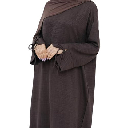 Women 1PC Abaya Dress Simple Kaftan Eid Dress for Women Muslim Casual Robe Fashion Jilbab Dubai Travel Outfits - color: Dark Brown, size: Large