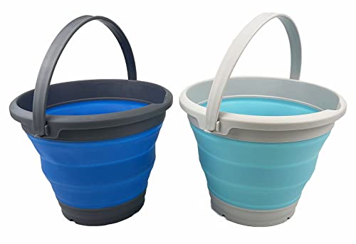 SAMMART 5.5L (1.4 Gallon) Collapsible Plastic Bucket - Foldable Round Tub - Portable Fishing Water Pail - Space Saving Outdoor Waterpot (Cyanine + Blue (Set of 2)) - color: Cyanine + Blue (Set of 2)