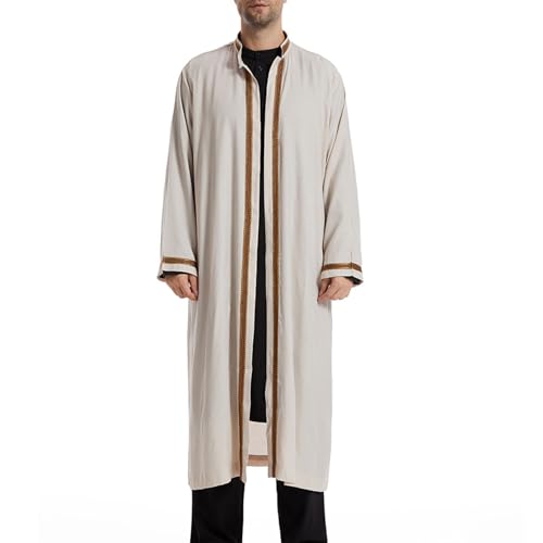 Thobe for Men Abaya Islamic Clothing Loose Long Sleeve Muslim Kaftan Open Front Dubai Arabic Robe Prayer Costume - color: Beige, size: Small