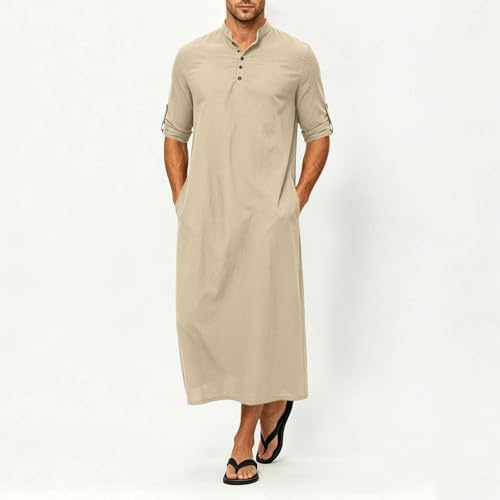 Men's Linen Kaftan Robe Button Down Long Sleeve Henley Collar Cotton Thobe Casual Loose Fit Stylish Gown Shirts - color: Khaki, size: Small