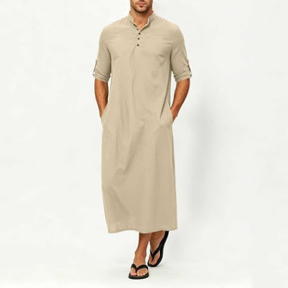 Men's Linen Kaftan Robe Button Down Long Sleeve Henley Collar Cotton Thobe Casual Loose Fit Stylish Gown Shirts - color: Khaki, size: Medium