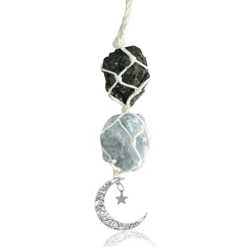 Hanging Car Charm, Crystal Car Hanging Ornament, Car Interior Rear View Mirror Charm, Dangling Moon & Healing Crystal Accessories, Handmade Car Rearview Mirror Decorations (Tourmaline-blue Calcite) - color: Tourmaline-blue Calcite