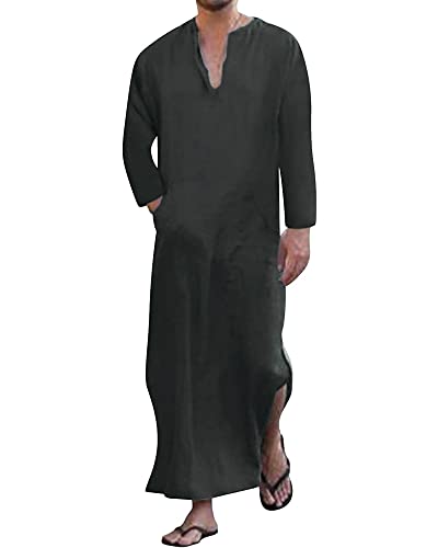 YAOHUOLE Men's Kaftan Thobe Long Sleeve Men Thobe Robe Side Split Men Thobe with Pockets Casual Thobe - color: Dark Gray-long Sleeve, size: XX-Large