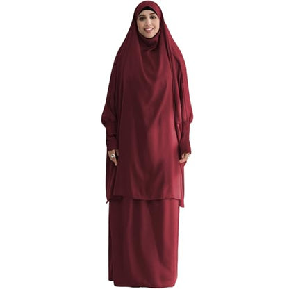 Muslim Women Abaya Two Pieces Set Prayer Dress Elasticated Sleeves Islamic Robe Modest Full Cover Prayer Clothes - color: Wine Red
