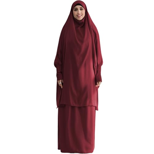 Muslim Women Abaya Two Pieces Set Prayer Dress Elasticated Sleeves Islamic Robe Modest Full Cover Prayer Clothes - color: Wine Red