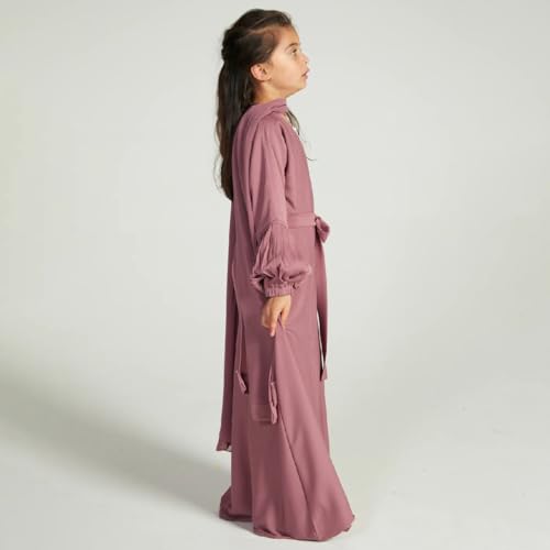 Kids Girls Muslim Abaya Long Sleeve Snap Front Maxi Dress with Belt Robe Kimono Dubai Hijab Dress - color: Dark Pink B, size: 5-6 Years