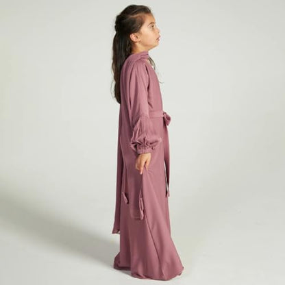Kids Girls Muslim Abaya Long Sleeve Snap Front Maxi Dress with Belt Robe Kimono Dubai Hijab Dress - color: Dark Pink B, size: 9-10 Years