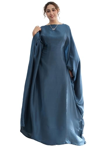 Dubai Bat Sleeve Dress Shiny Robe for Women Muslim 1pc Abaya Eid Prayer Clothes Soft Dubai Travel Party Dress Maxi Abaya - color: Blue Greya, size: Large