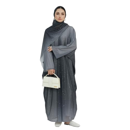 Muslim Women Abaya Gradient Flash Cardigan Sequin Robe with Hijab | Gradient Color, Flash Sequin, Scarf Hijab - color: 블랙., size: L
