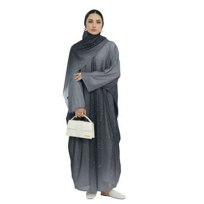 Muslim Women Abaya Gradient Flash Cardigan Sequin Robe with Hijab | Gradient Color, Flash Sequin, Scarf Hijab - color: Black+hijab, size: Large
