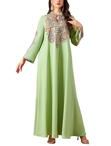 OBEEII Women Muslim Abayas Islamic Floral Embroidery Sequin Maxi Dress Ramadan Loose Morocco Dubai Robe Kaftan Prayer Dress - color: Green, size: XX-Large