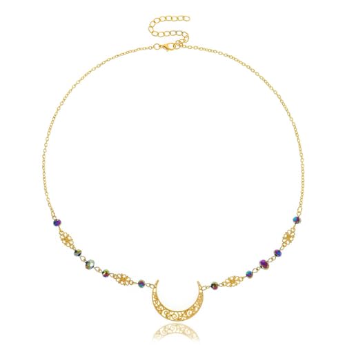 Yalice Boho Crescent Moon Head Chain Vintage Black Crystal Forehead Headpieces Rhinestone Witchy Halloween Hair Jewelry for Women - color: Gold-Colorful