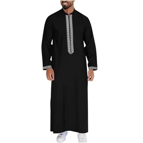 Mens Kaftan Thobe Side Split Long Sleeve Zipped Caftan Cotton Linen Hoodie Muslim Gown Casual Arabic Robe Kurta Tops - color: 08black, size: Medium