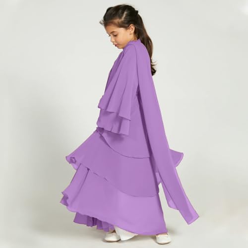 IDOPIP Muslim Girls Abayas Dress for Kids Long Sleeve Chiffon Islamic Kaftan Robe Open Front Cardigan Prayer Dress with Hijab - color: Purple, size: 3-4T