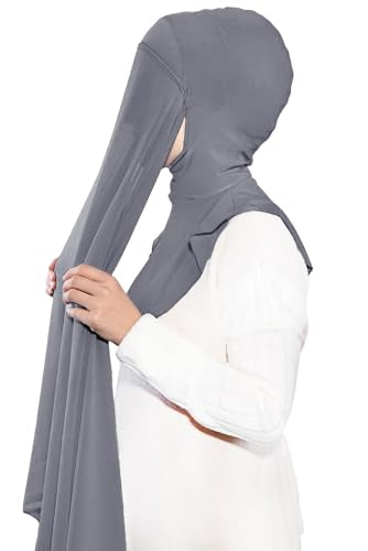 Lina & Lily Premium Chiffon Ninja Instant Hijab Scarf Stitched Jersey Cap Neck Cover Full Coverage - color: Dark Gray