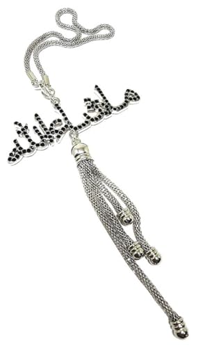 Car Rear Mirror Hanging Ornament with Hanging Chain for Muslim AMN-407 Masha Allah Islam Colorful Crystal Metal Pendant Arabic Calligraphy Eid Ramadan Gift (Silver/Green) - color: Silver/Green