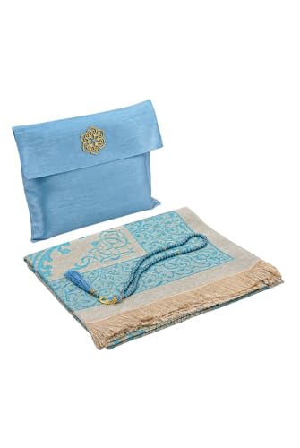 ihvan online Muslim Prayer Rug with 99 Beads Tasbih & Travel Bag, Soft Taffeta Sajadah, Lightweight & Foldable Janamaz, Portable Prayer Mat, Islamic Gift for Eid, Ramadan, Hajj & Umrah, Blue - color: Blue