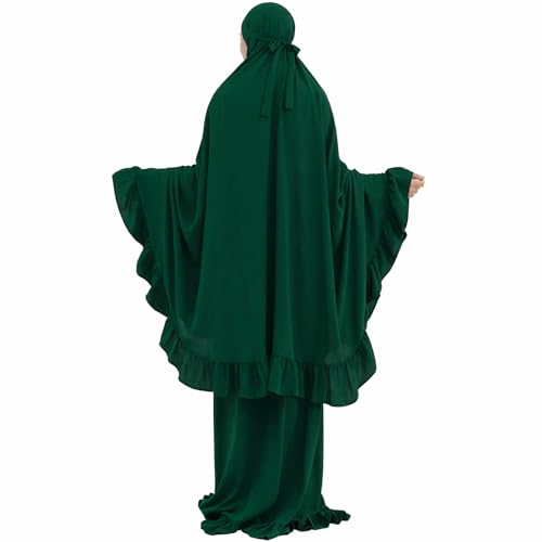 2PCS Women Muslim Prayer Abaya Dress Ruffle Trim Side Pockets with Khimar - color: Dark Green, size: Large