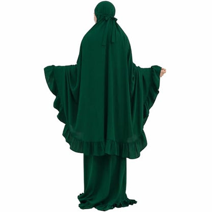2PCS Women Muslim Prayer Abaya Dress Ruffle Trim Side Pockets with Khimar - color: Dark Green, size: Large