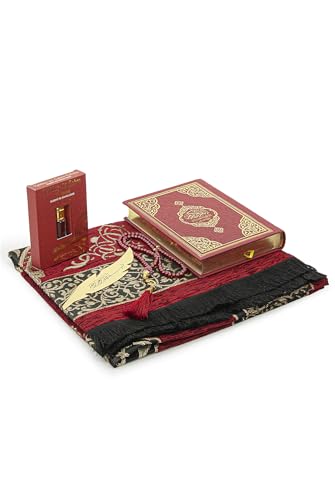 ihvan online Prayer Gift Set for Hajj and Umrah, Muslim Prayer Rug, Prayer Mat, Beads Taasbih, Holy Quran Translated English, Muslim Praying Mat, Islamic Gift Set for Ramadan & Eid, Red - color: Red English