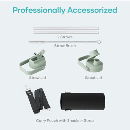 BUZIO 24 oz Water Bottle Insulated, Leakproof Stainless Steel Flask (Cold for 48 Hrs), Wide Mouth BPA-Free Metal Thermo Hydro Canteen with 2 Lids, Sage Green - color: Sage Green, size: 24 Ounces