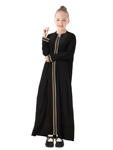 WSPLYSPJY Kids Girls Gold Embroidered Muslim Dress Abaya Long Sleeve Eid Robe Prayer Clothes - color: Black, size: 11-12 Years