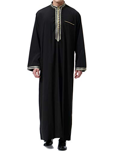Islamic Mens Clothing Kaftan Maxi-Muslim Male Shirt Long Sleeve Abaya Dubai Cotton… - color: Black-b, size: 3X-Large