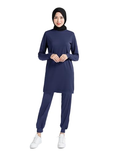 Womens Muslim Tracksuit Set Solid Crew Neck Sweatsuits with Pockets Plain Islamic Athletic Sportswear - color: Blue, size: Small
