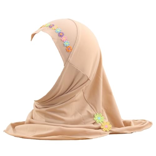 Girls Instant Hijab – Soft Kids Muslim Scarf with Flower, Breathable One-Piece Headscarf for Toddlers Age 2-8 - color: Small Flower-khaki