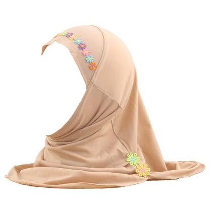 Girls Instant Hijab – Soft Kids Muslim Scarf with Flower, Breathable One-Piece Headscarf for Toddlers Age 2-8 - color: Small Flower-khaki