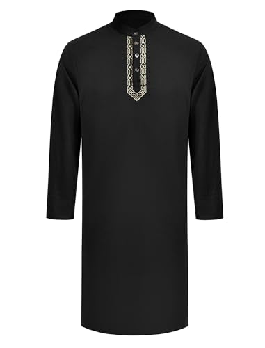 IWEMEK Men Kaftan Robe Button Up Muslim Thobe Long Sleeve Eid Ramadan Abaya Henley Shirts Casual Dubai Islamic Prayer Clothes - color: Black, size: Small