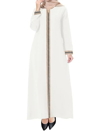 WSPLYSPJY Embroidered Abaya Muslim Dresses for Women Maxi Long Sleeve Prayer Clothes Middle Eastern Kaftans - color: White, size: X-Large
