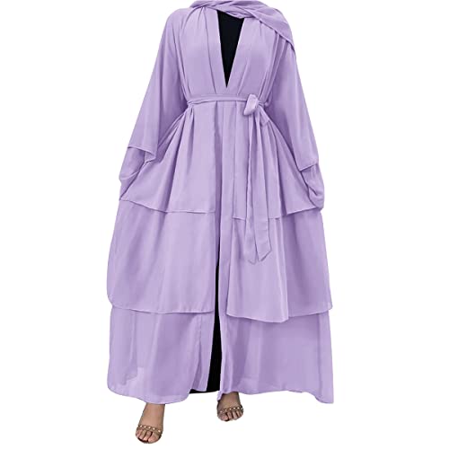 Muslim Chiffon Abaya for Women Open Front Cardigan Modest Dress with Hijab Scarf Middle East Arabian Robe Islamic Long Dress - color: Light Purple, size: Small