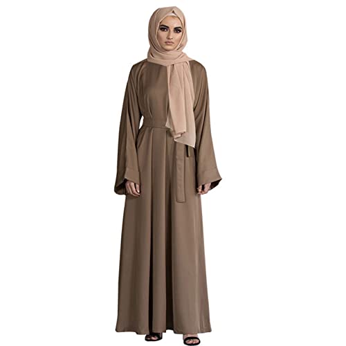 Casual Maxi Dresses for Women Long Sleeve Spring Pleated Flowy A Line Prayer Dress Muslim Dresses with Belt - color: Brown, size: X-Large