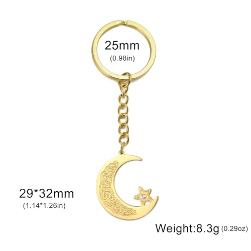 Islamic Ayatul Kursi Keychain Muslim Crescent Moon and Star Keyring Arabic Calligraphy Keyring Allah Amulet Jewelry - color: Gold