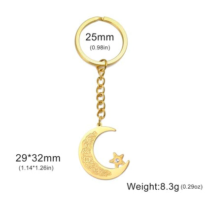 Islamic Ayatul Kursi Keychain Muslim Crescent Moon and Star Keyring Arabic Calligraphy Keyring Allah Amulet Jewelry - color: Gold