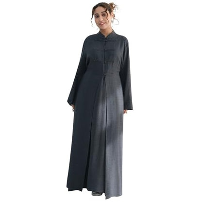 2PCS Women Muslim Abaya Dress Stand Collar Full Coverage Cardigan Dress Set - color: Dark Gray, size: Medium
