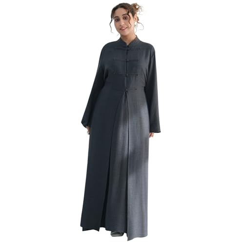 2PCS Women Muslim Abaya Dress Stand Collar Full Coverage Cardigan Dress Set - color: Dark Gray, size: Large