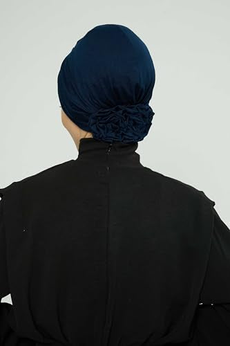 Aisha's Design Instant Turban Head Wraps for Women, Combed Cotton Scarf Lightweight Pre tied Hijab with Back Rose Detail - color: Navy Blue