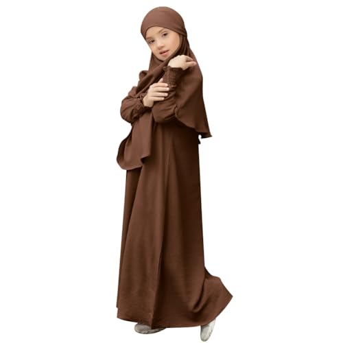OBEEII Abaya for Girls Muslim Long Sleeve Prayer Dress Ramadan Kaftan Abaya with Hijab Islamic Clothing Arabic Eid Robe - color: Coffee, size: 7-8 Years