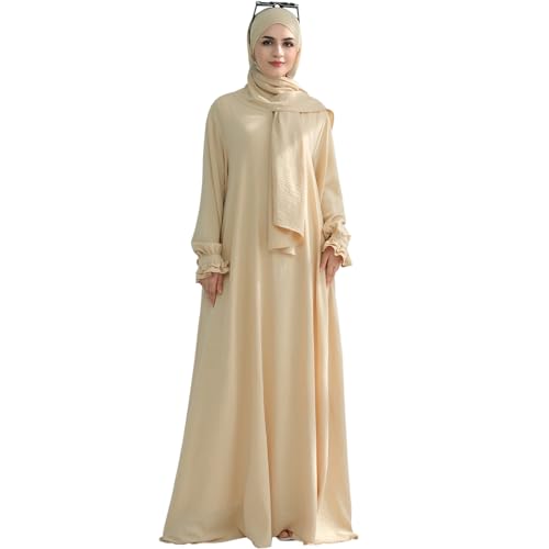 Women Muslim Dress Middle East Arabian Robe Islamic Modest Dress with Hijab Scarf Lace Sleeve Flowy Abaya Dress - color: Beige